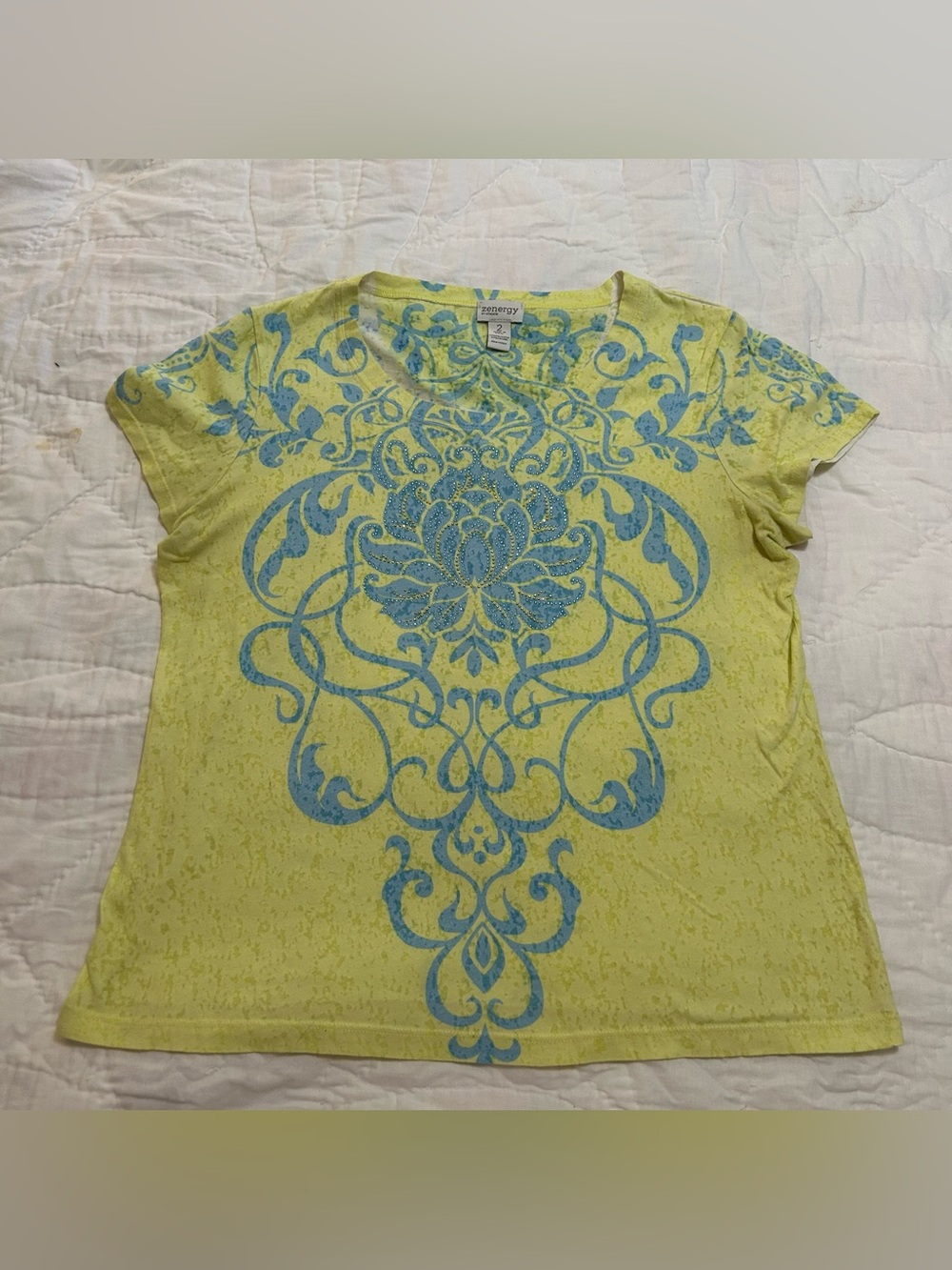 Chico's Zenergy burnout T-Shirt Top Womens 2 (L) Green Blue Rhinestone sheer